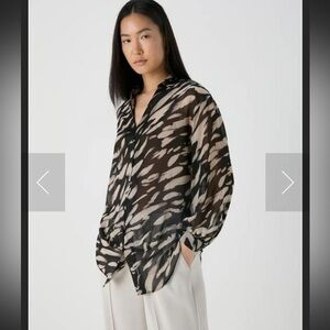 Nicola Animal Print Black/Cream Sheer Button Down Blouse Large Side Vent